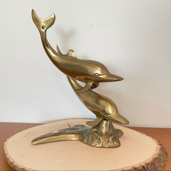 Vintage | Brass Dolphin Jumping Set Gold Made In Korea Decor MCM Statue Figurine - Picture 1 of 6